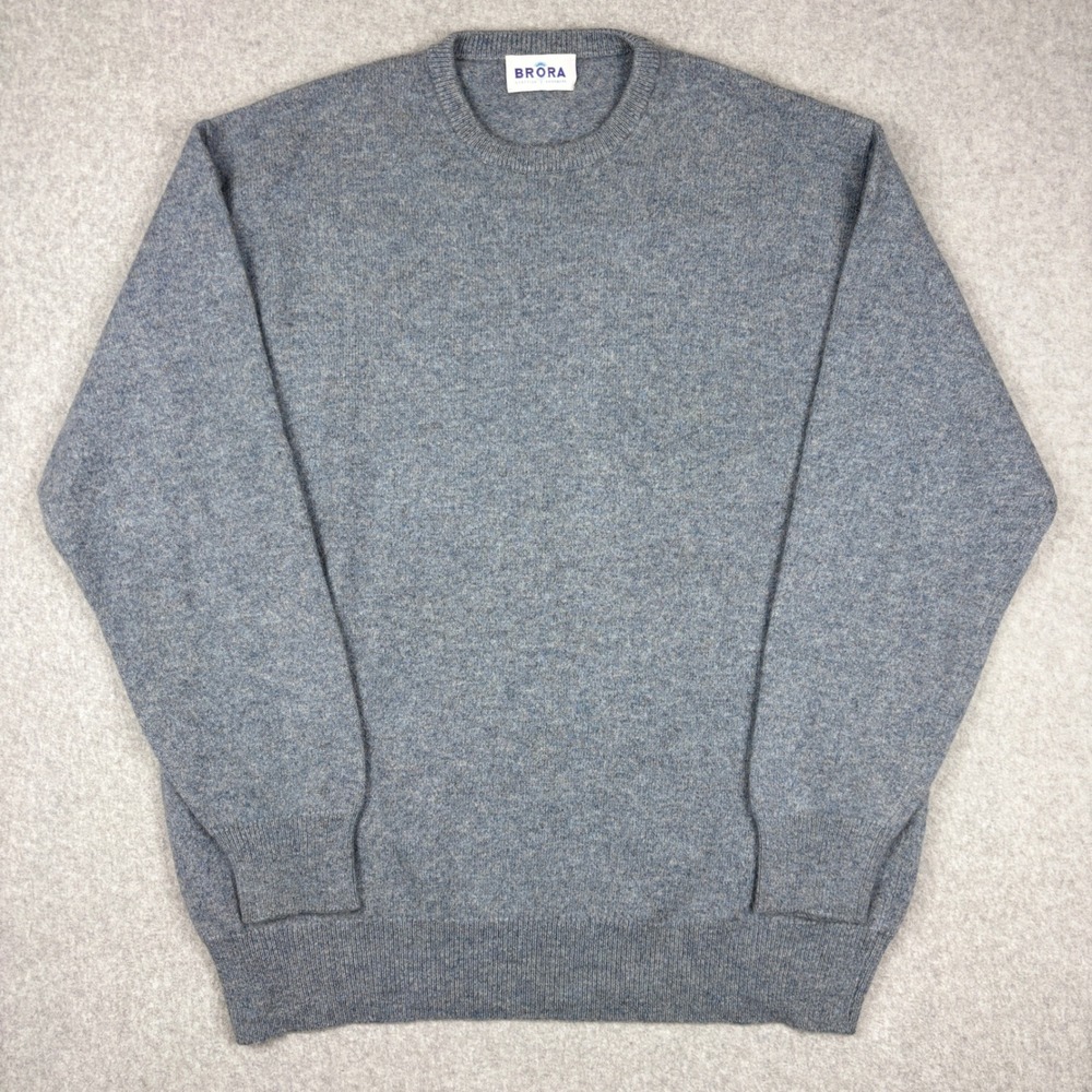 Brora Pure Cashmere Crewneck Sweater Mens 46 Grey Blue Jumper Made in Scotland